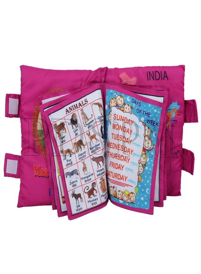 PDSPM Learning Cushion Pillow Book for Kids with 2 Languages Learn - English and Hindi, Activity Play, Soft Cloth Book Baby Pillow Toys,(Cushion Pink) - Image 1